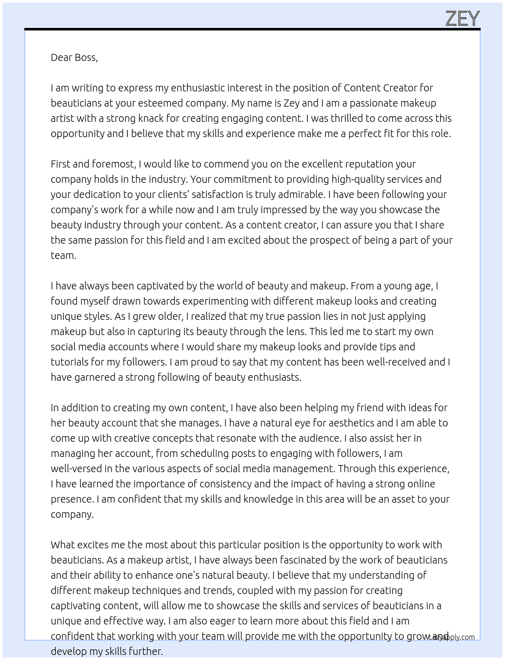 Content creator for beautician  At Content creator Cover Letter