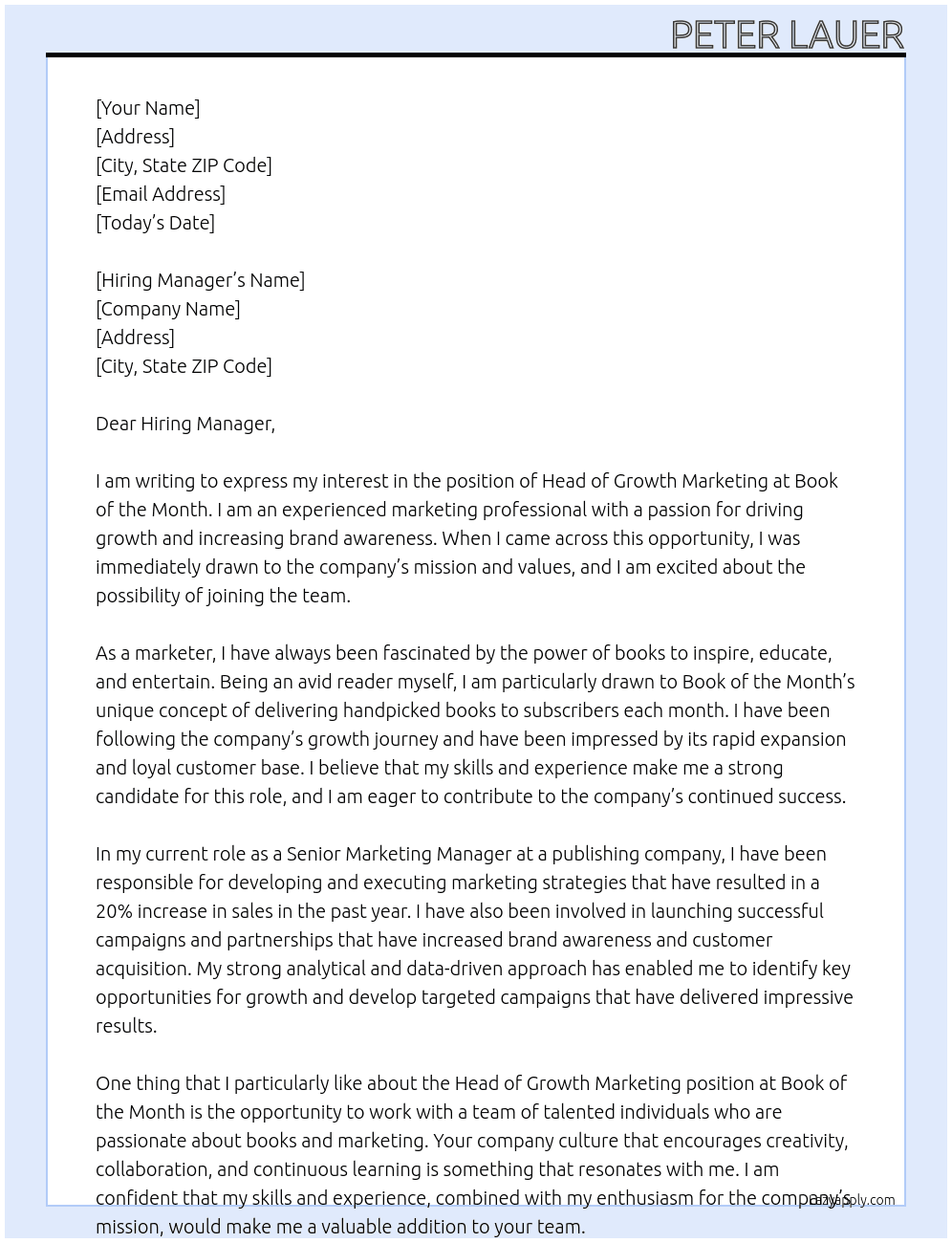 Head of Growth Marketing At Book of the Month Cover Letter