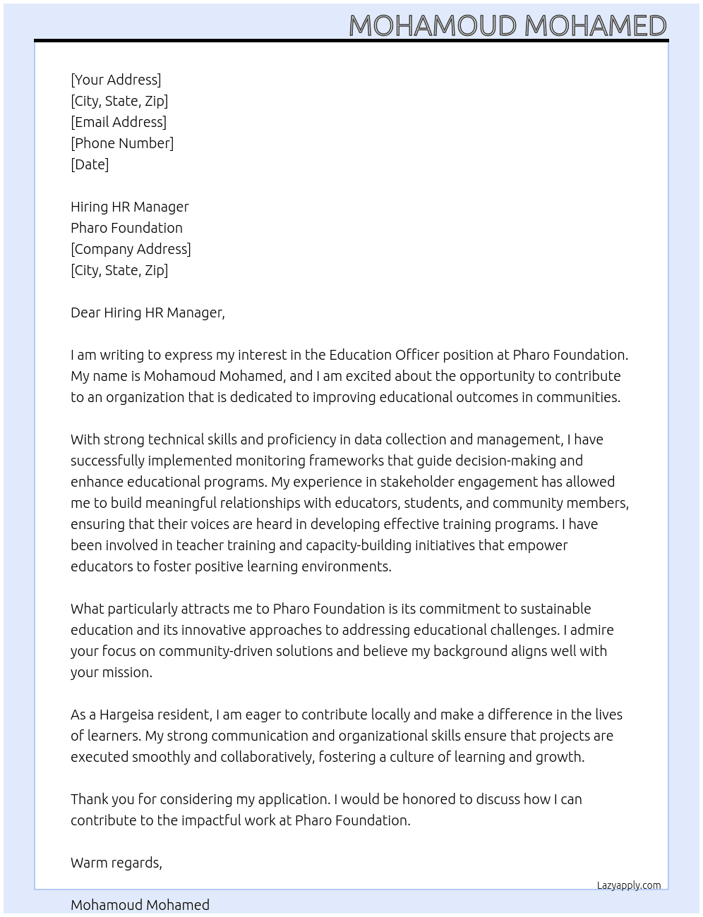Education officer At Pharo Foundation Cover Letter