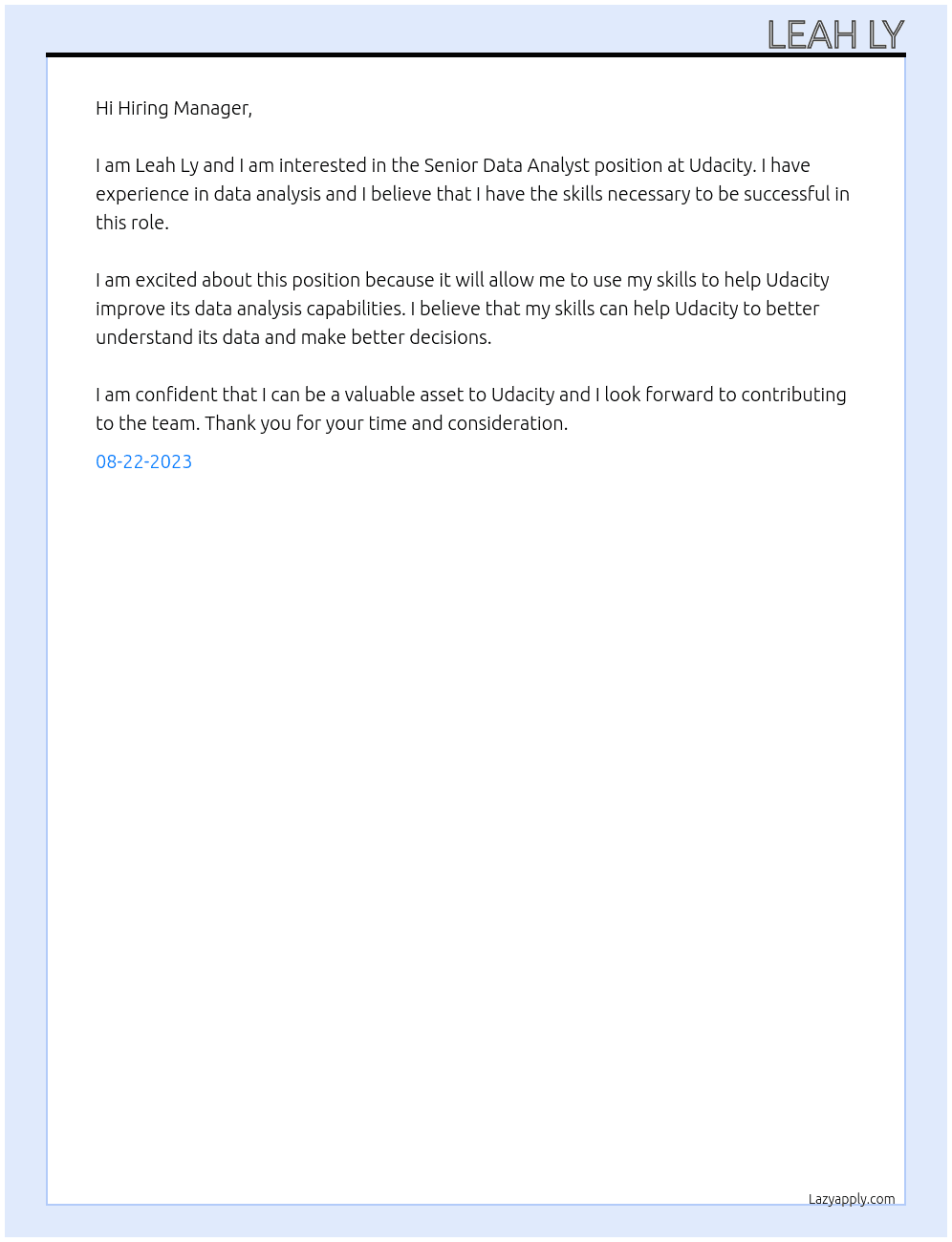 Senior Data Analyst At Udacity Cover Letter