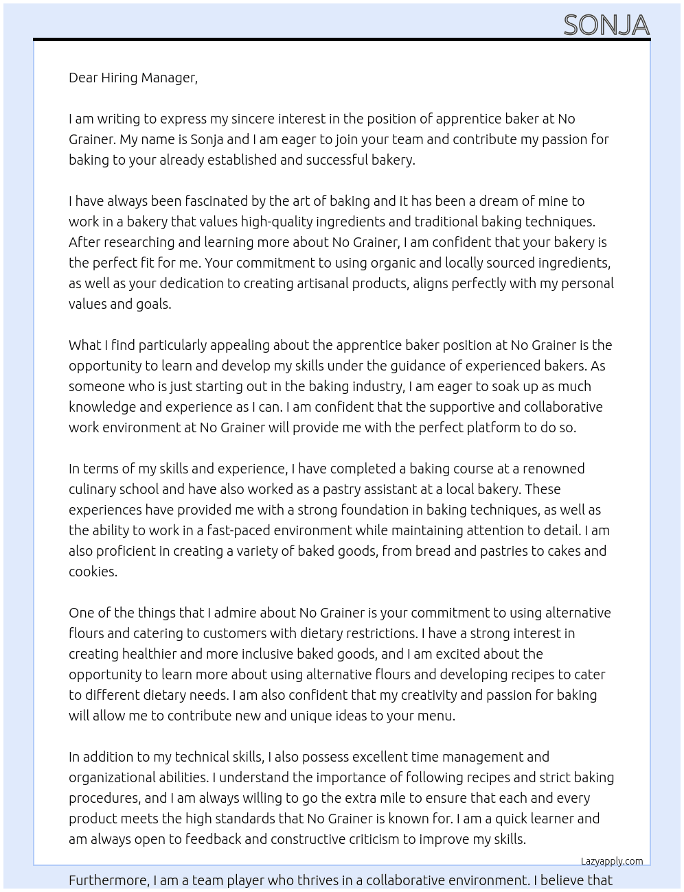 apprentice baker At No Grainer Cover Letter