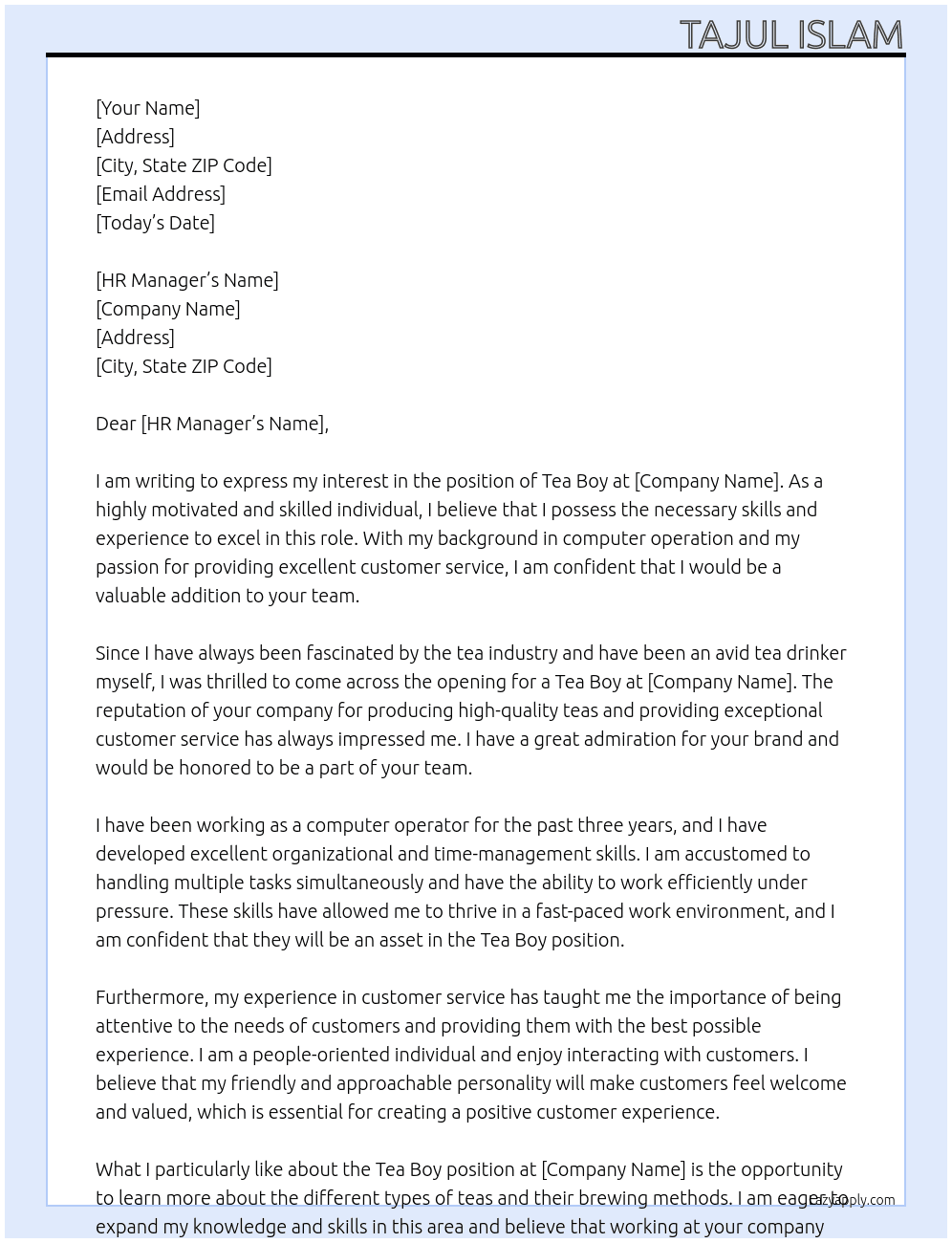 Tea boy  At Company  Cover Letter