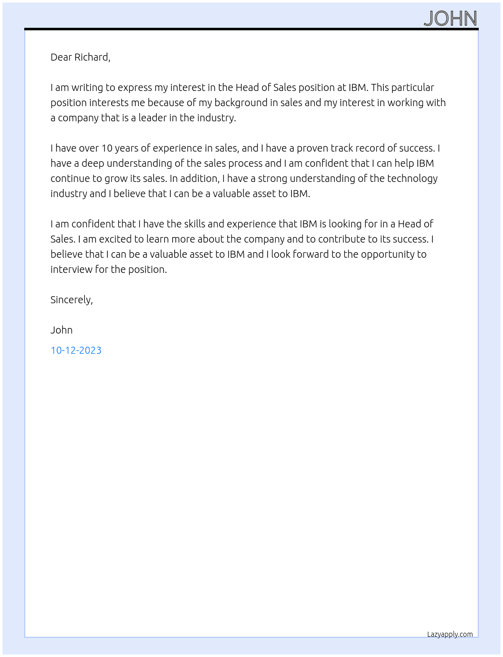 Head of sales At IBM Cover Letter