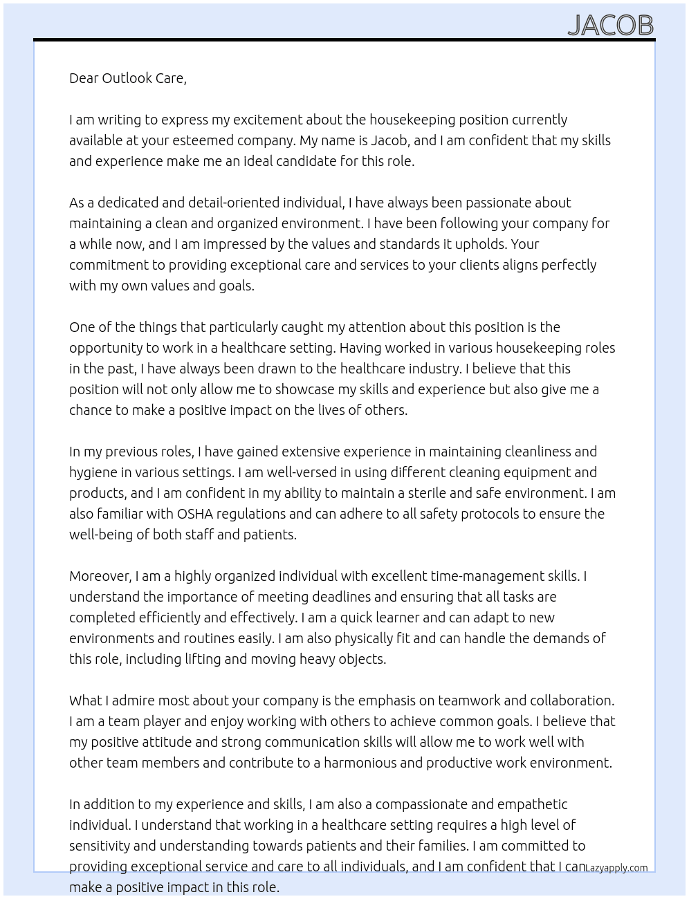 housekeeping At Outlook Care Cover Letter