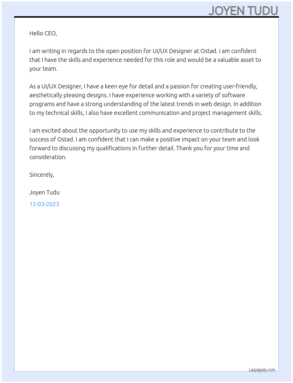 UI/UX Designer At Ostad Cover Letter