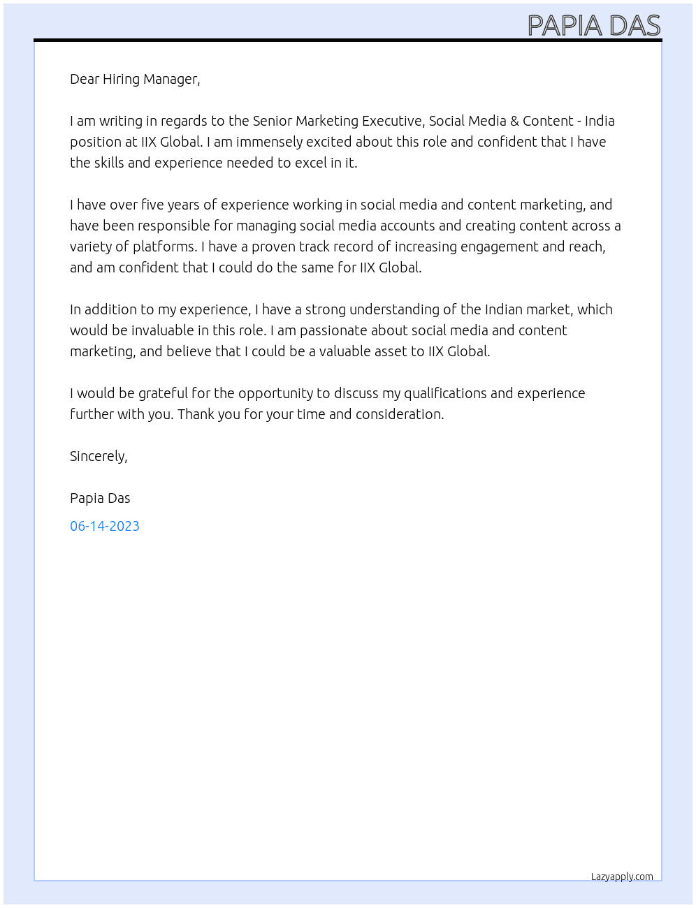 Senior Marketing Executive, Social Media & Content - India  At IIX Global Cover Letter