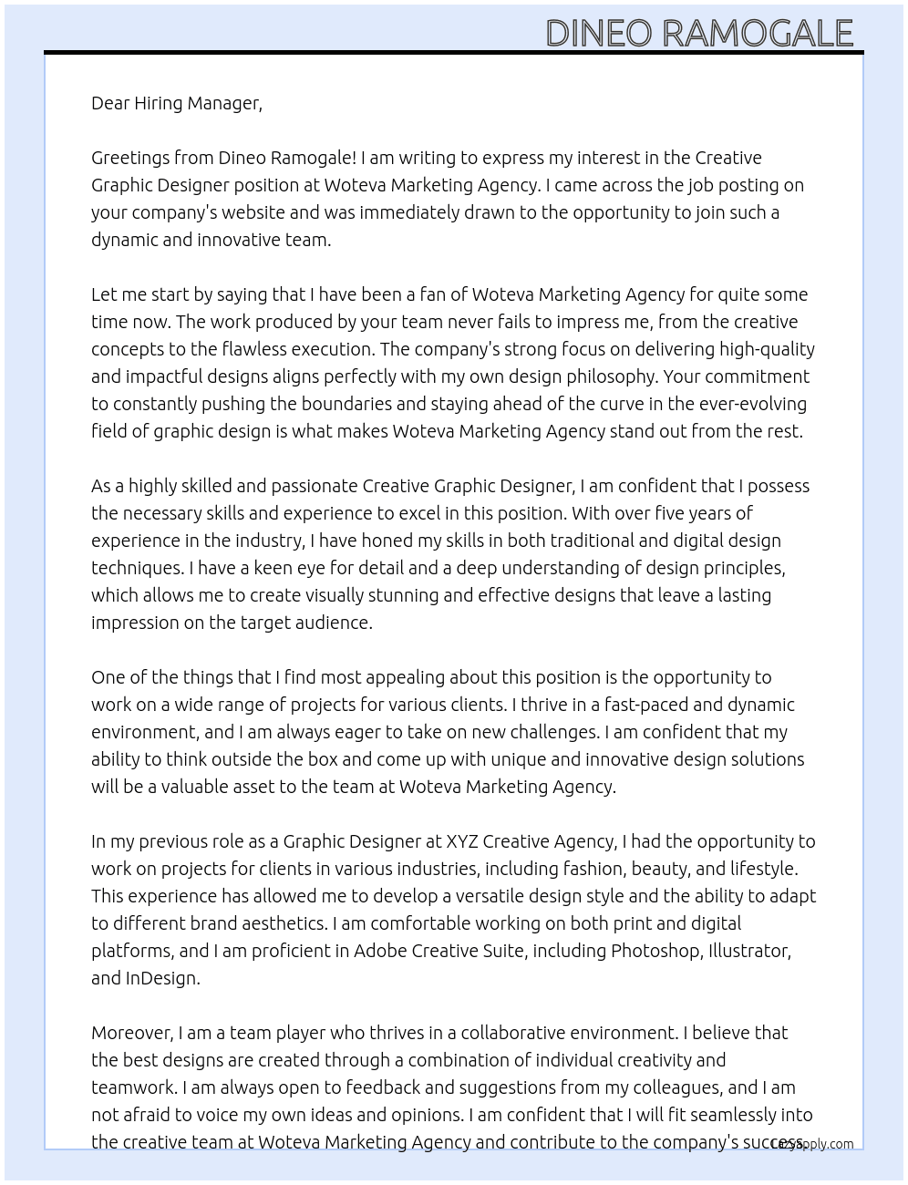 Creative Graphic Designer  At Woteva Marketing Agency Cover Letter