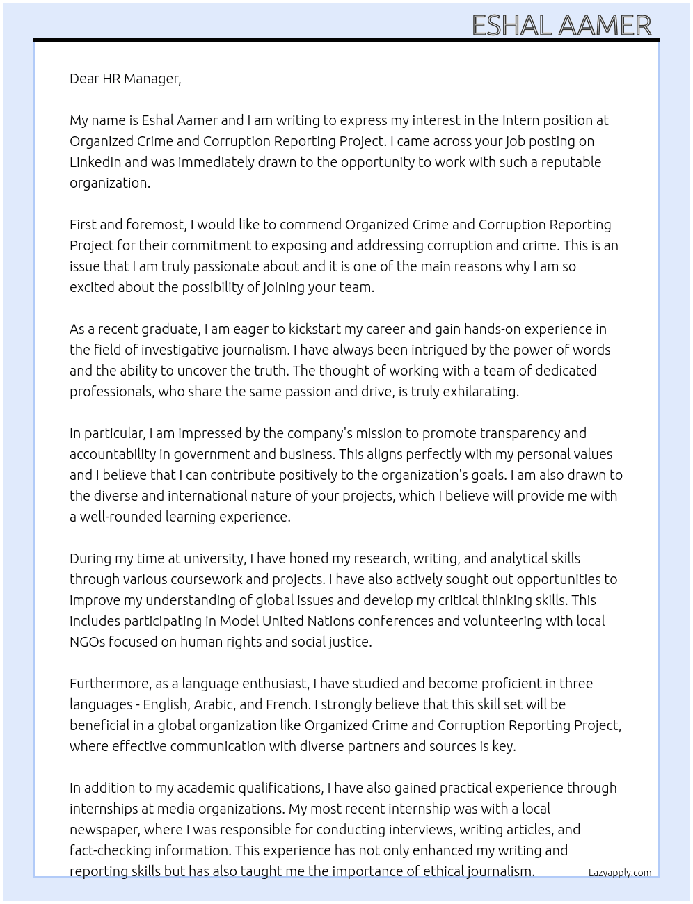 Intern At Organized Crime and Corruption Reporting Project Cover Letter