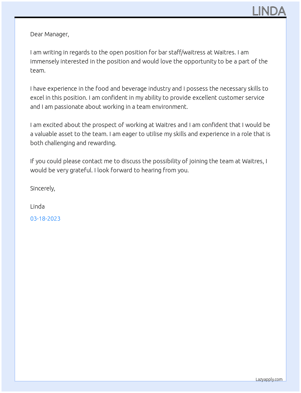 Bar Staff/Waitress At Waitres Cover Letter