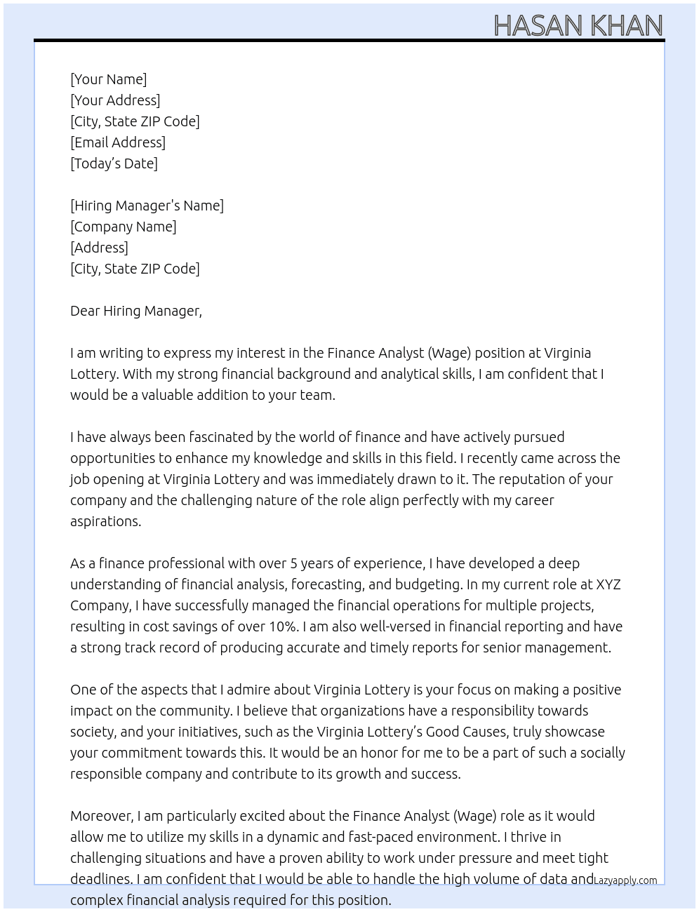 Finance Analyst (Wage) At Virginia lottery Cover Letter