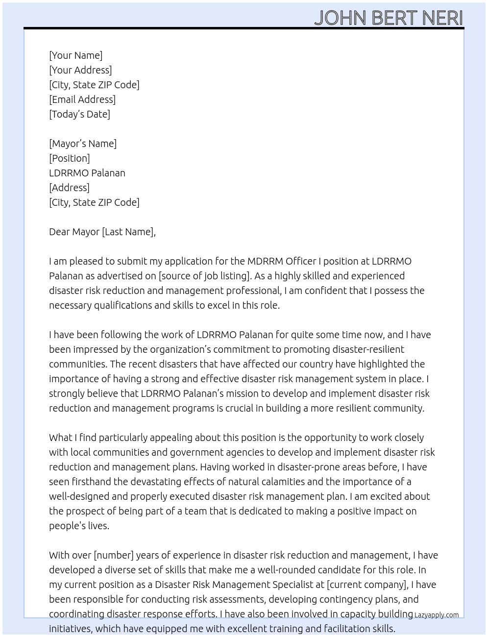 MDRRM Officer I At LDRRMO Palanan Cover Letter