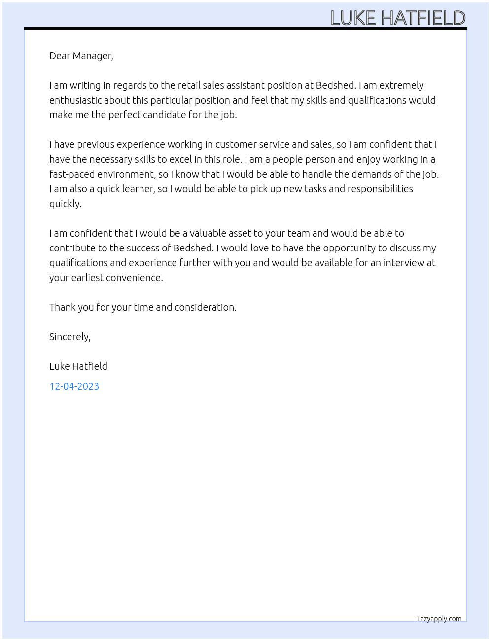 Retail sales assistant At Bedshed Cover Letter
