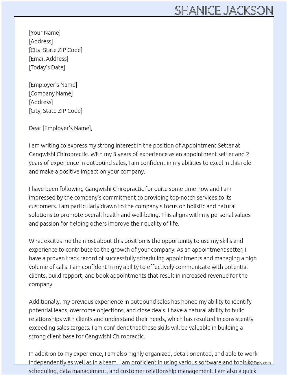 Appointment Setter At Gangwishi Chiropractic Cover Letter