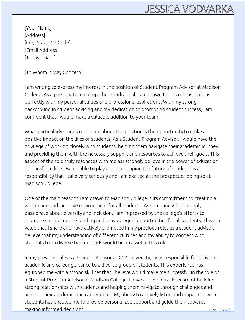 Student Program Advisor At Madison College Cover Letter
