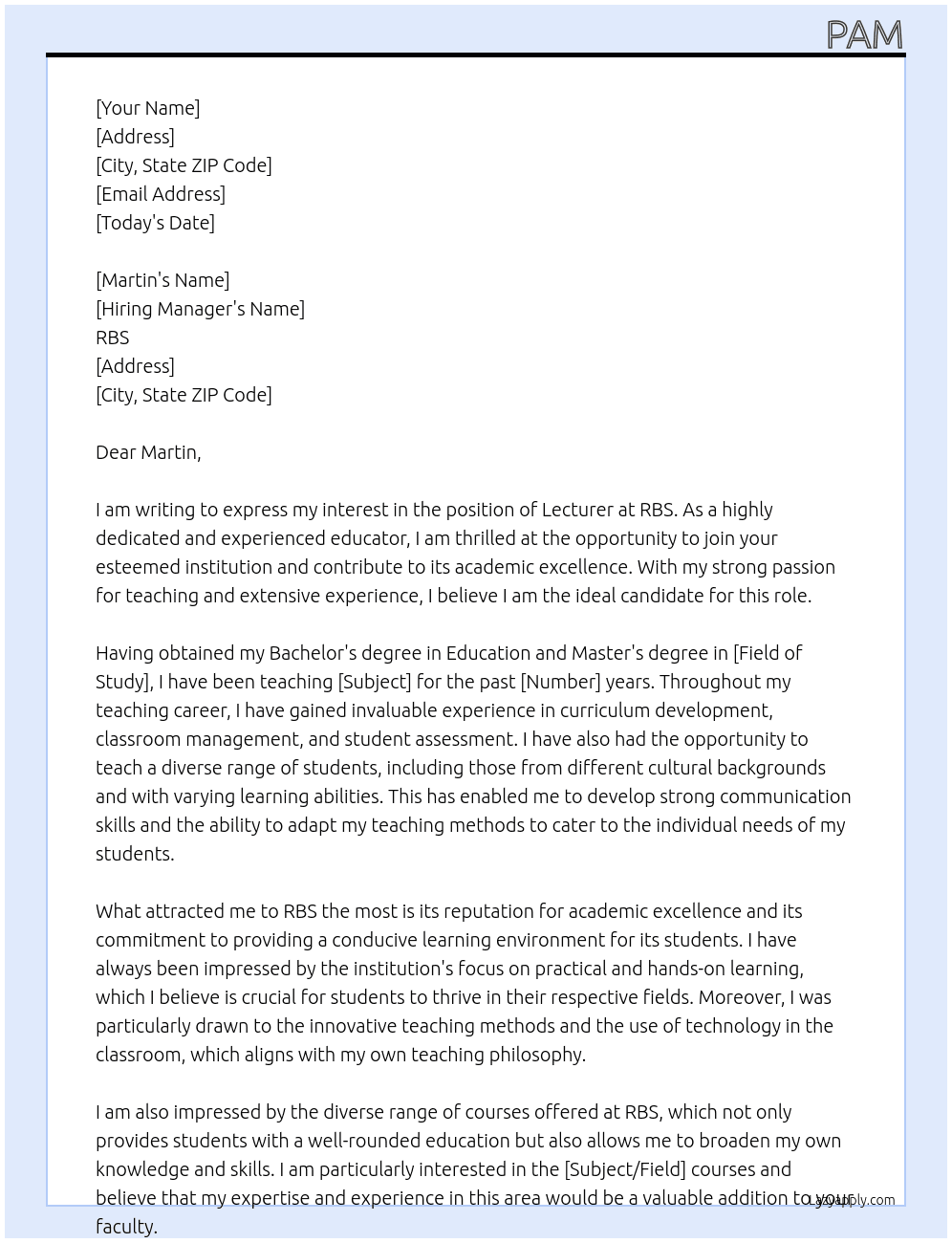 Lecturer At RBS Cover Letter