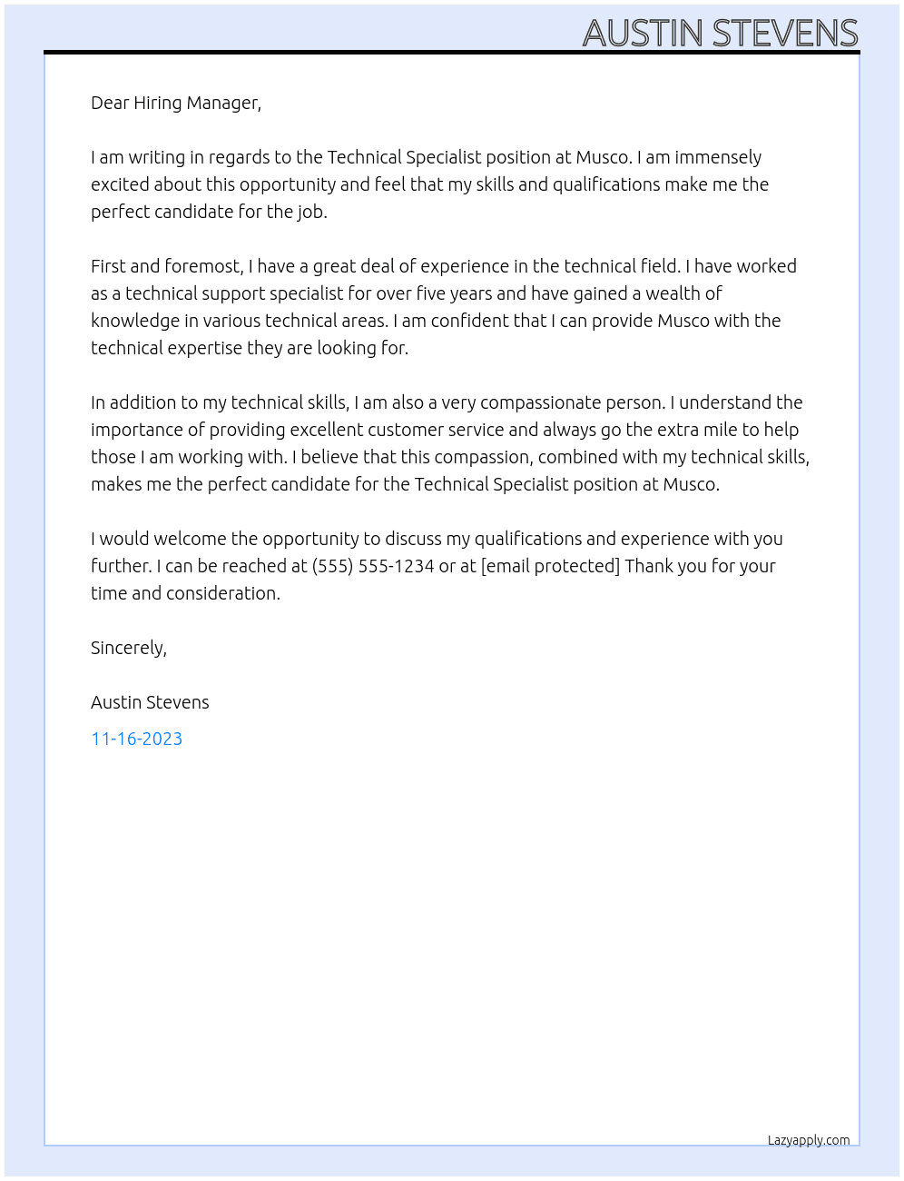 Technical Specialist At Musco Cover Letter