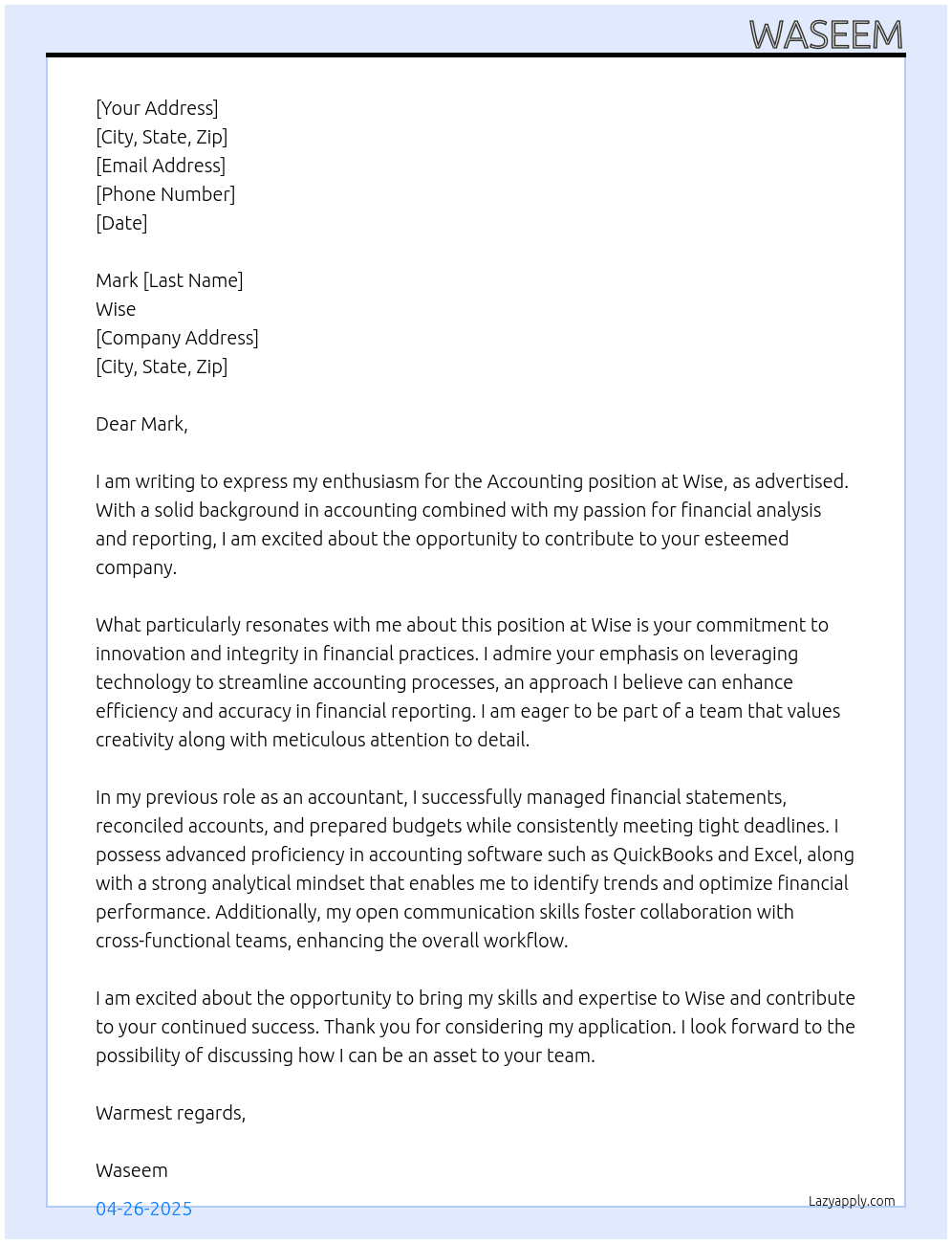 Cover letter for acounting - LazyApply