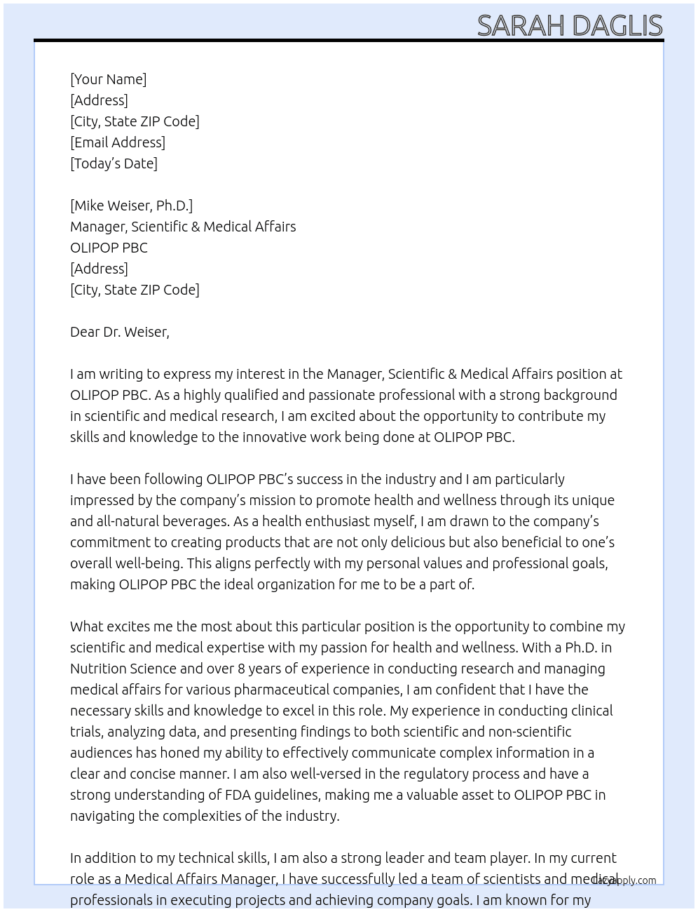 Manager, Scientific & Medical Affairs At OLIPOP PBC Cover Letter