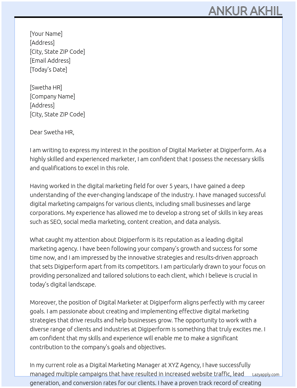 digital marketer  At digiperfrom  Cover Letter