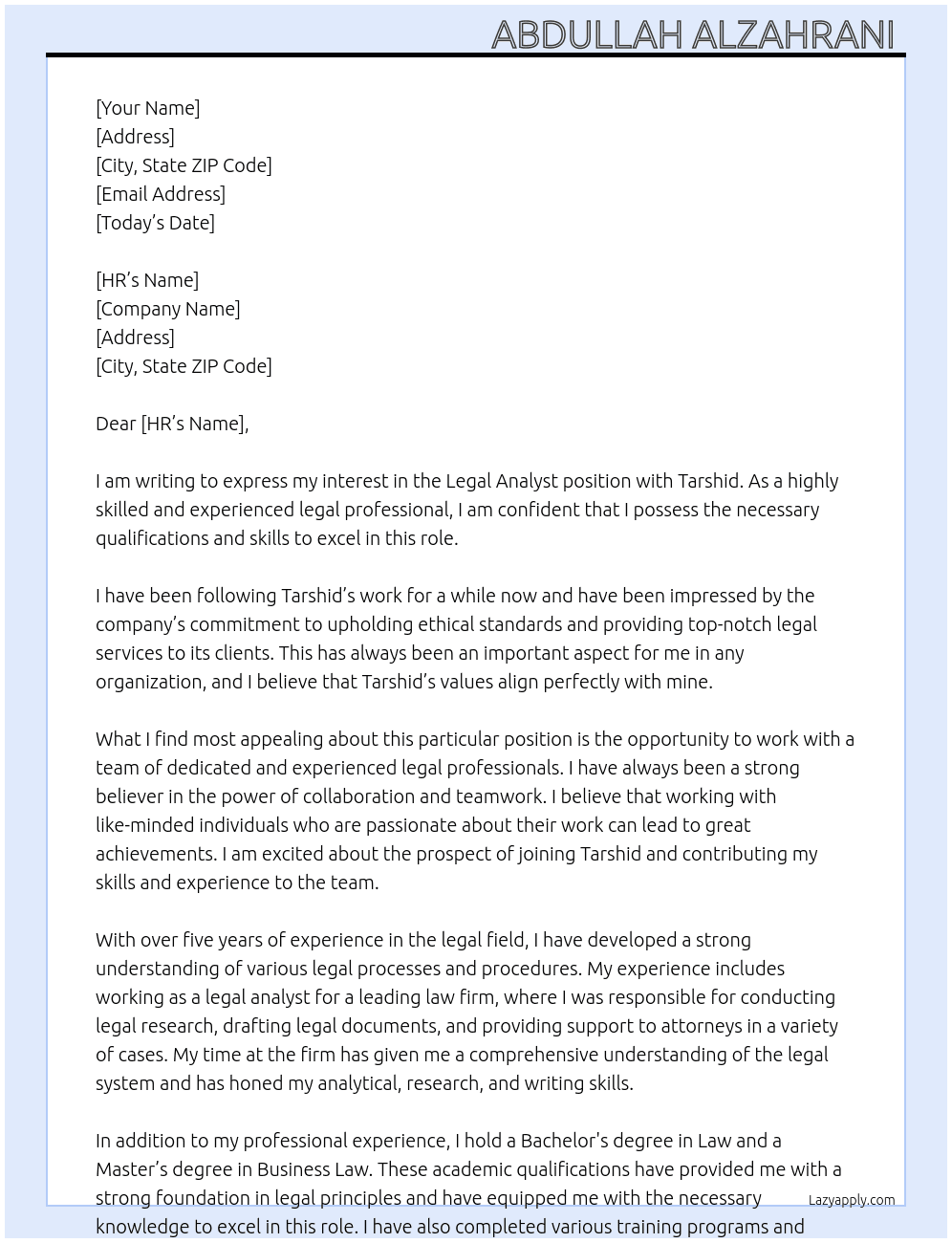 Legal analysts  At Tarshid Cover Letter