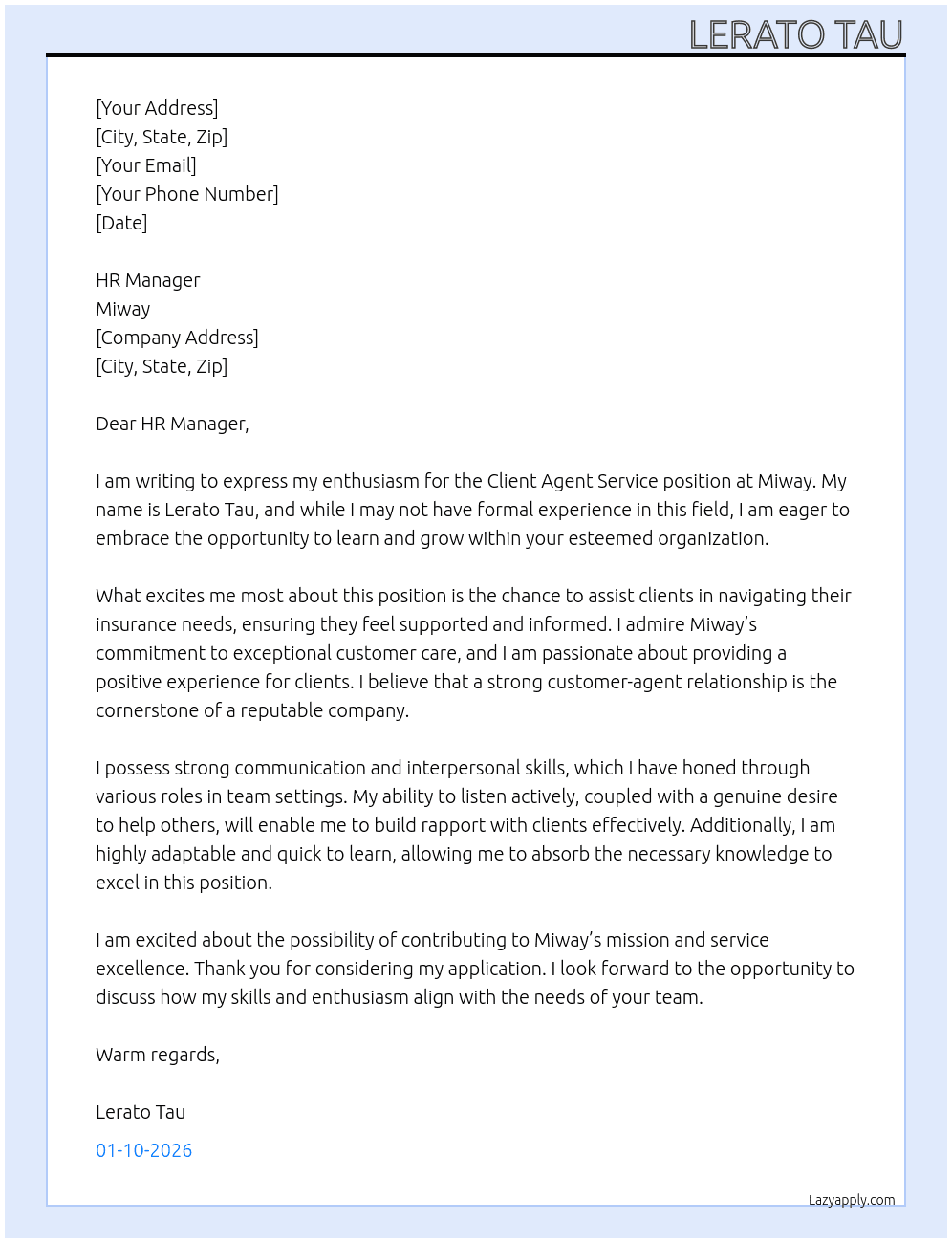 Cover letter for client agent service - LazyApply