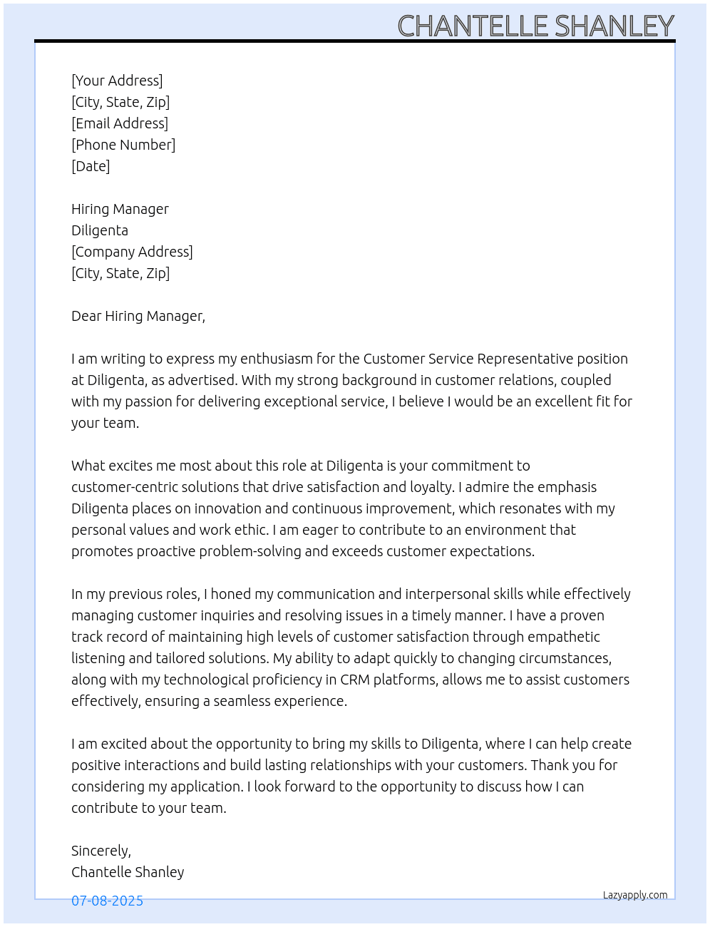 Customer Service Representative At Diligenta Cover Letter