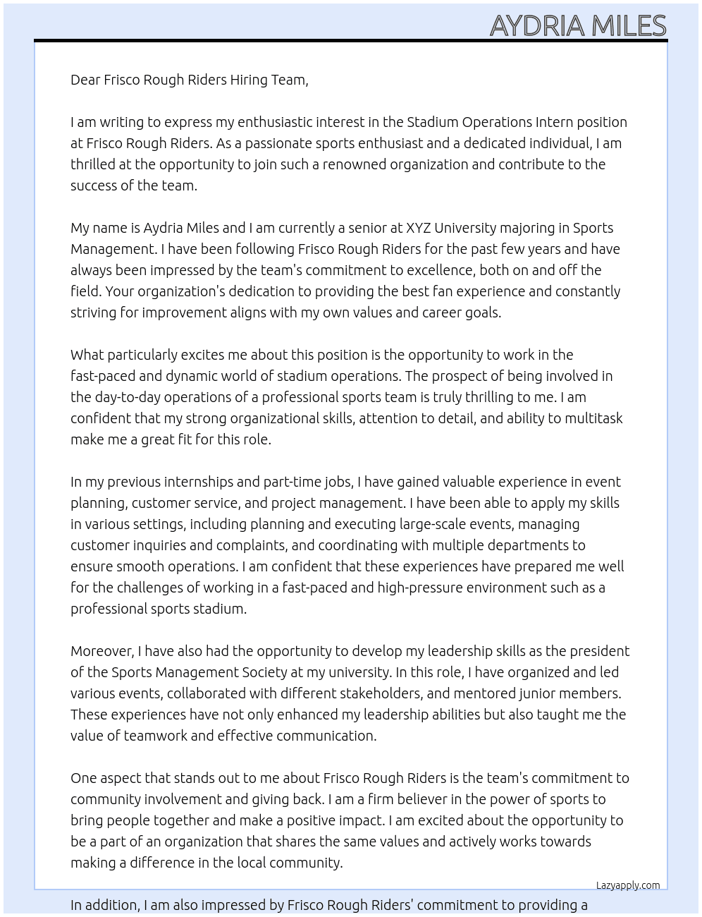 Stadium Operations Intern At Frisco Rough Riders Cover Letter