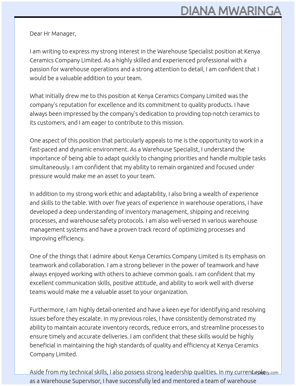 Warehouse Specialist At Kenya Ceramics Company Limited Cover Letter