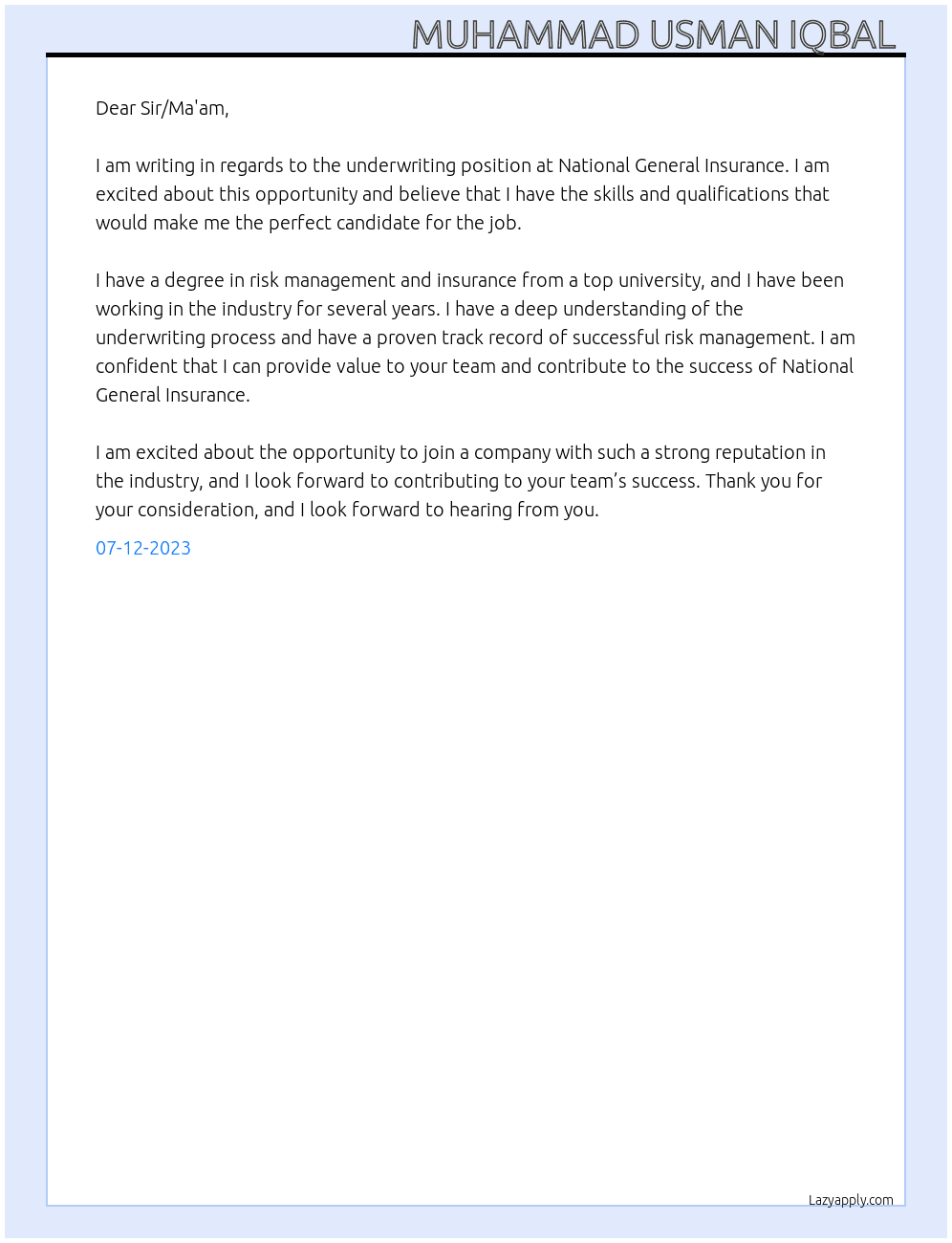 Underwriting  At National General Insurance  Cover Letter