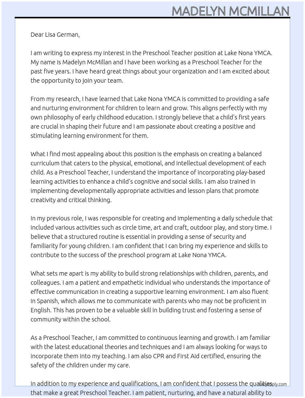 Preschool Teacher At Lake Nona YMCA Cover Letter