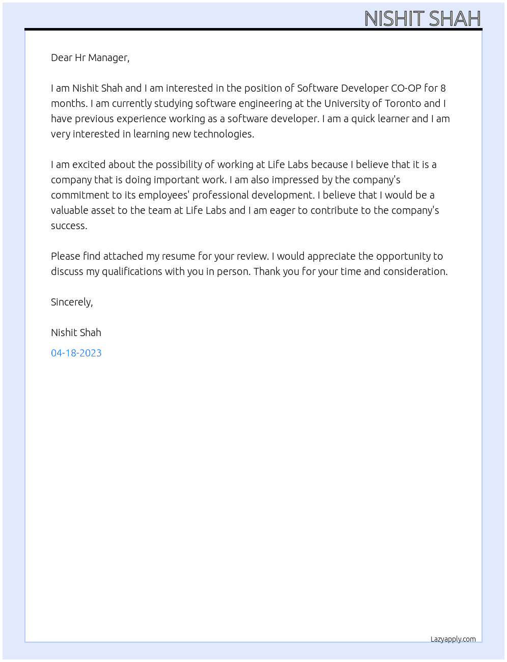 Software Developer CO-OP 8 months At Life Labs Cover Letter