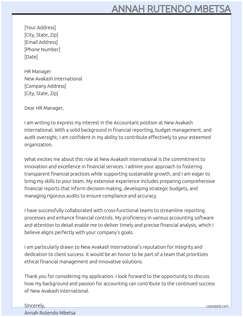 Accountant At New Avakash International Cover Letter