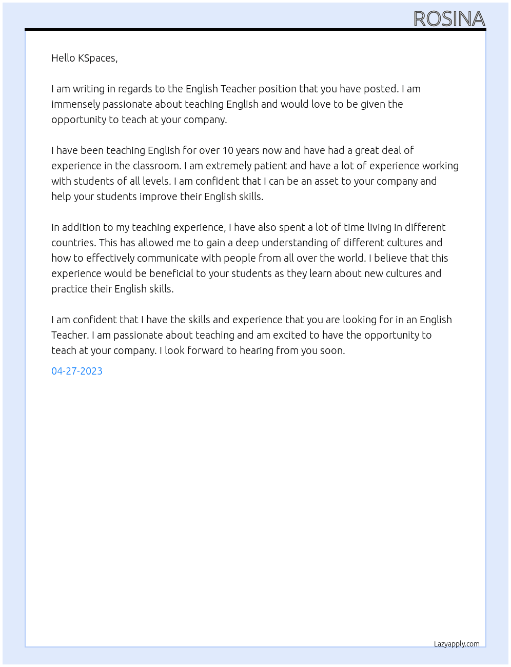 English Teacher At KSpaces Cover Letter