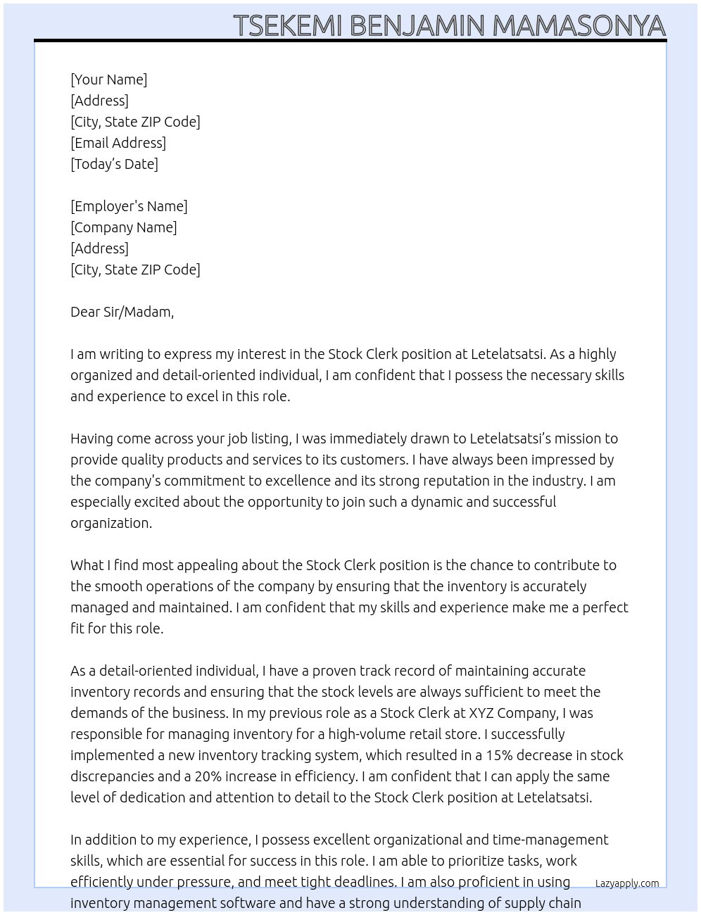 Stock Clerk At Letelatsatsi Cover Letter