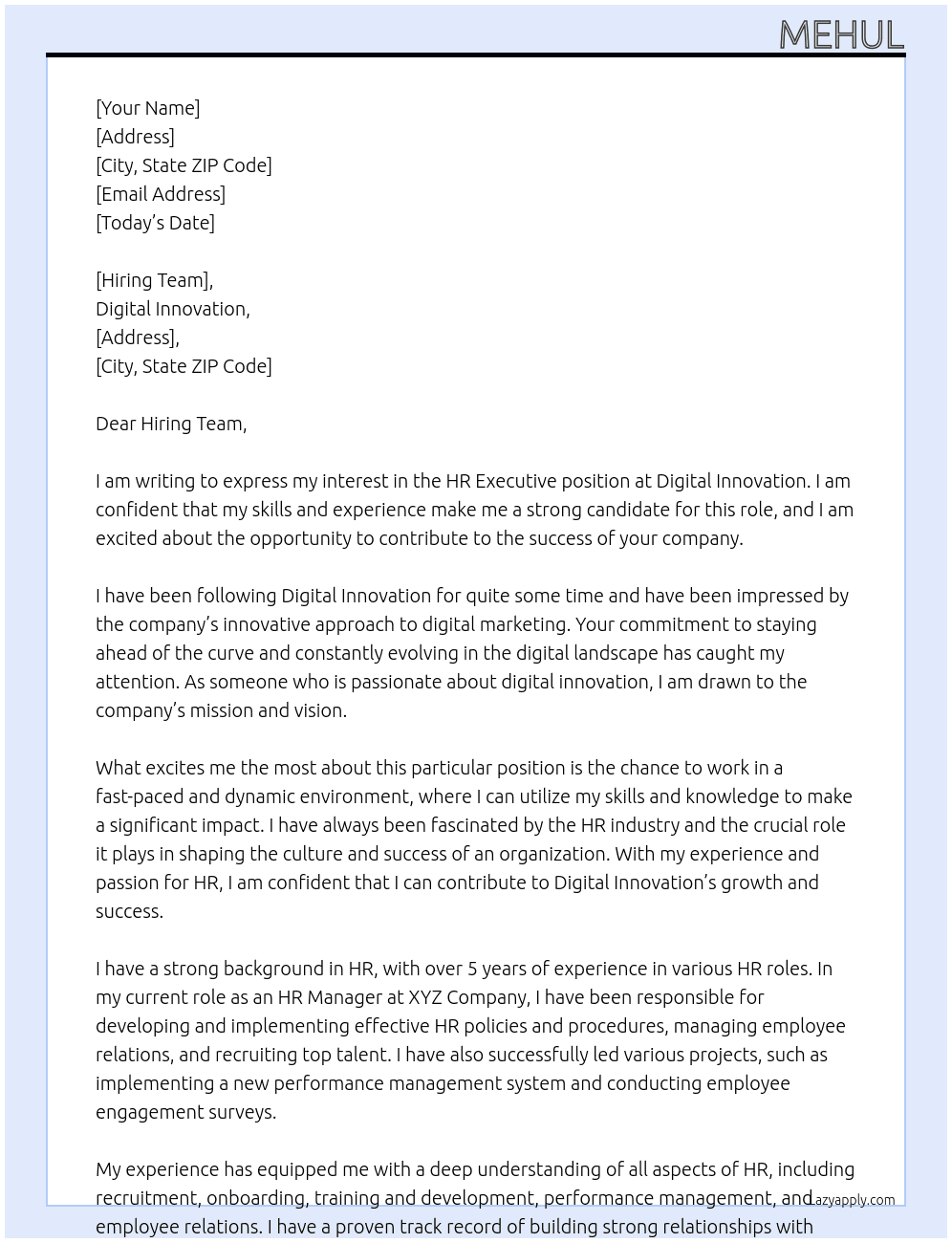 HR executive At Digital Innovation Cover Letter
