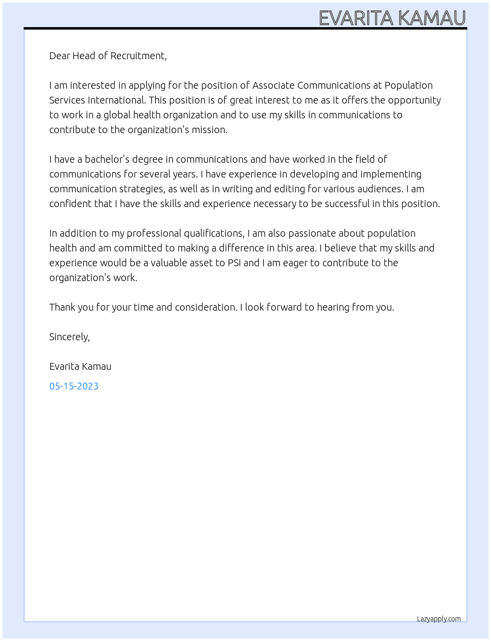 Associate Communications At Population Services International Cover Letter