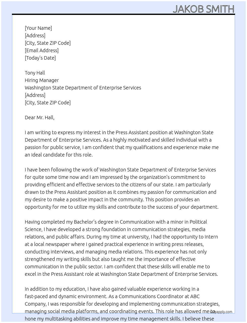 Press Assistant At Washington State Department of Enterprise Services Cover Letter