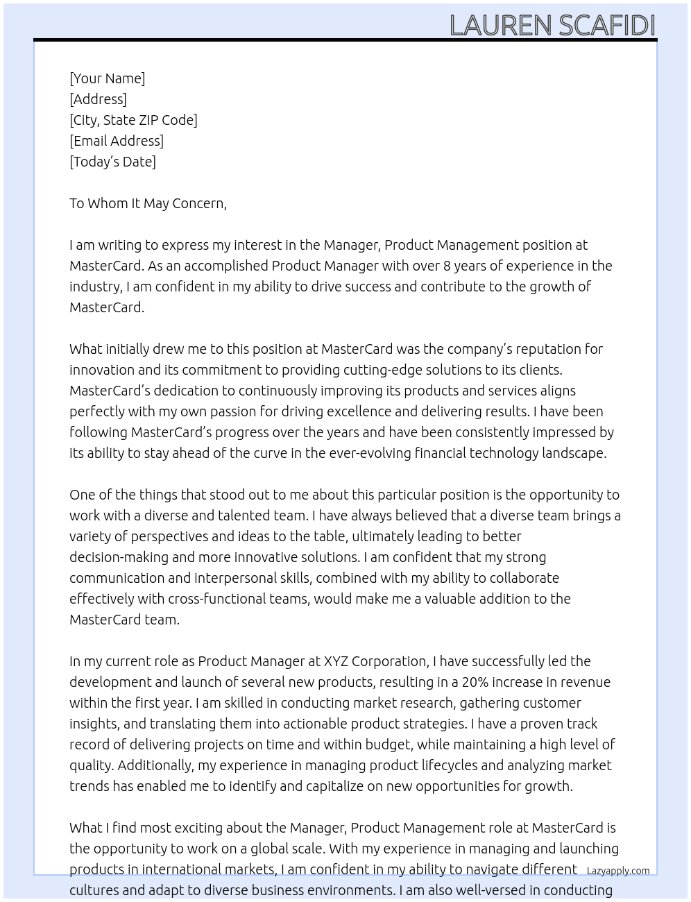 Manager, Product Management At MasterCard Cover Letter