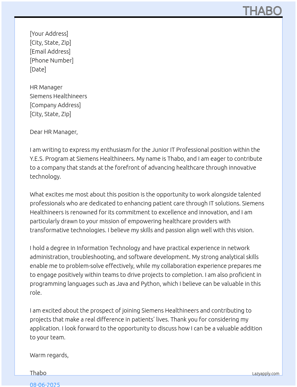 Junior IT Professional (Y.E.S. Program) At Siemens Healthineers Cover Letter