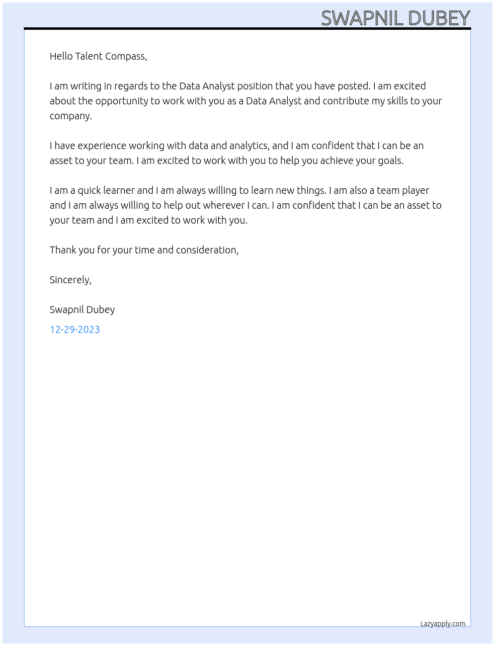 data analyst At Talent compass Cover Letter