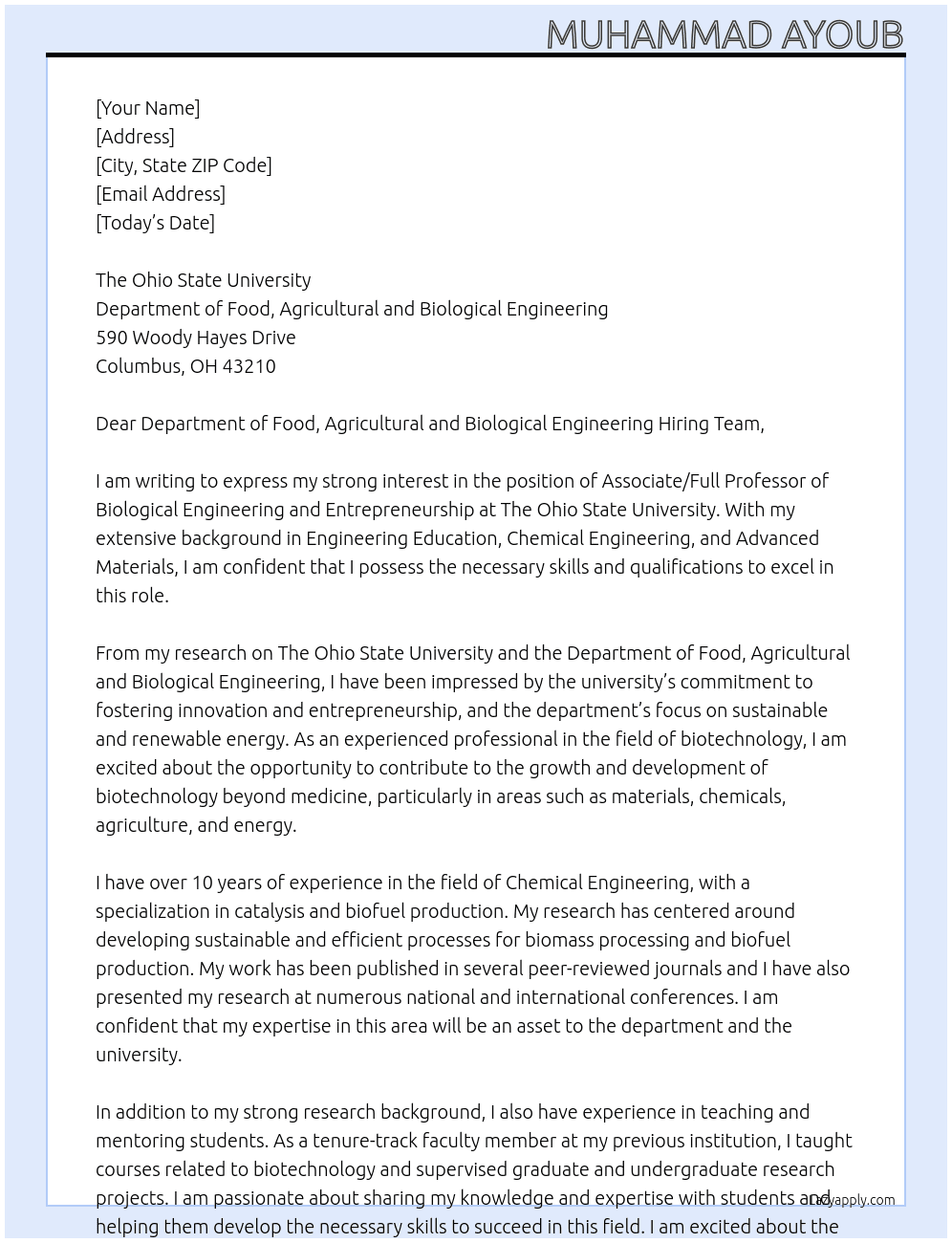 Associate/Full Professor Biological Engineering and Entrepreneurship At The Ohio State University, USA Cover Letter