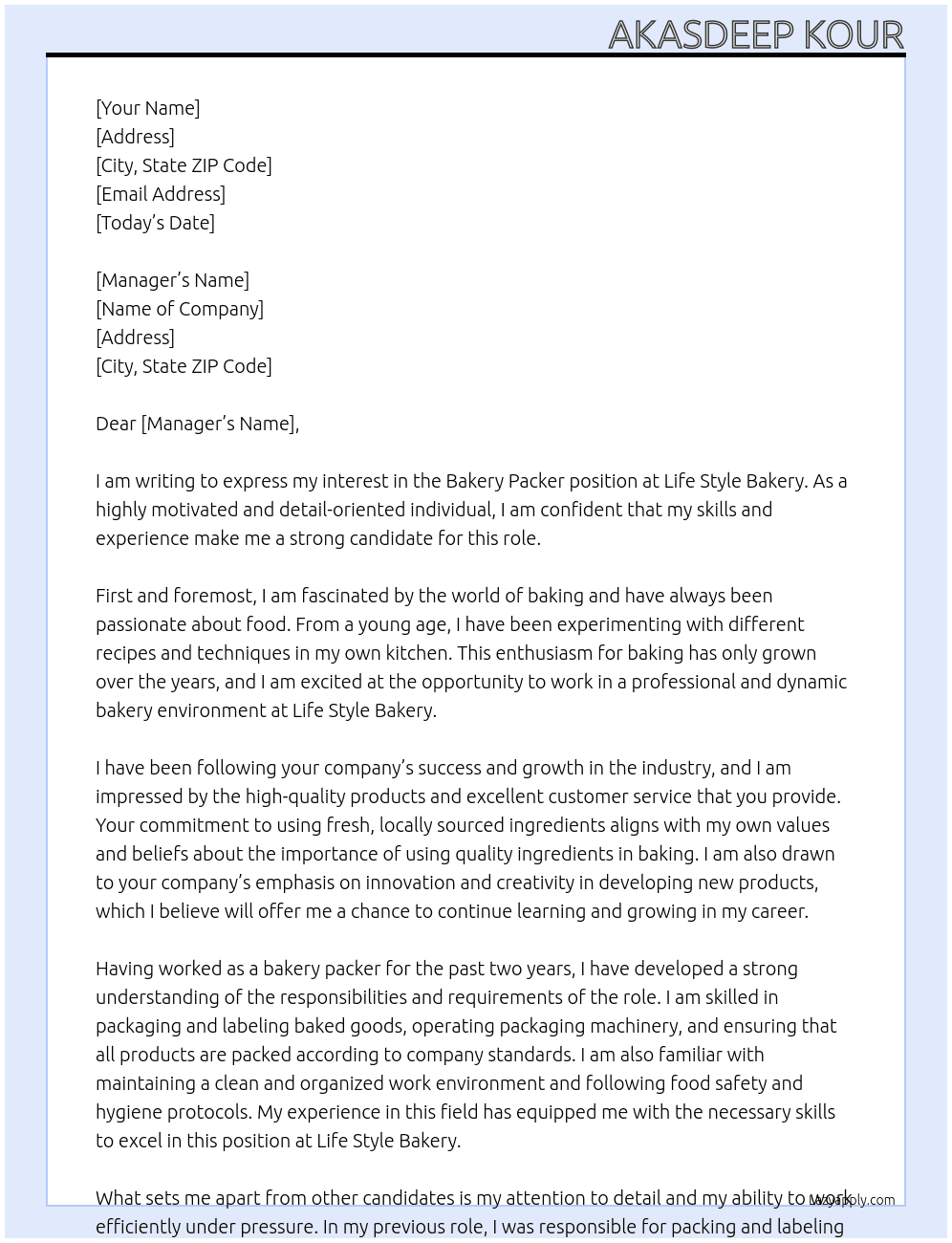 Bakery packer At Life style bakery Cover Letter