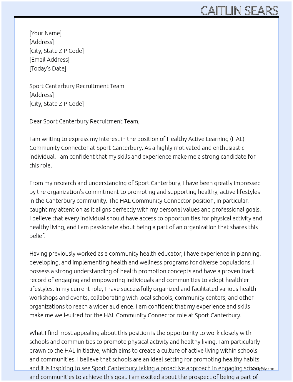 Healtly Active Learning (HAL) Community Connector At Sport Canterbury  Cover Letter
