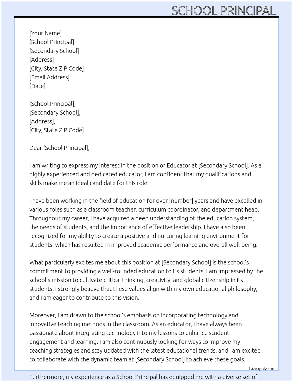 Educator  At Secondary School  Cover Letter