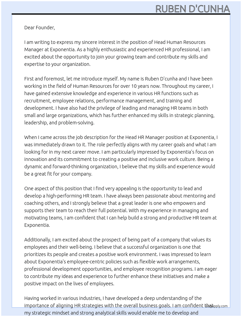 Head Human Resources Manager At Exponentia Cover Letter