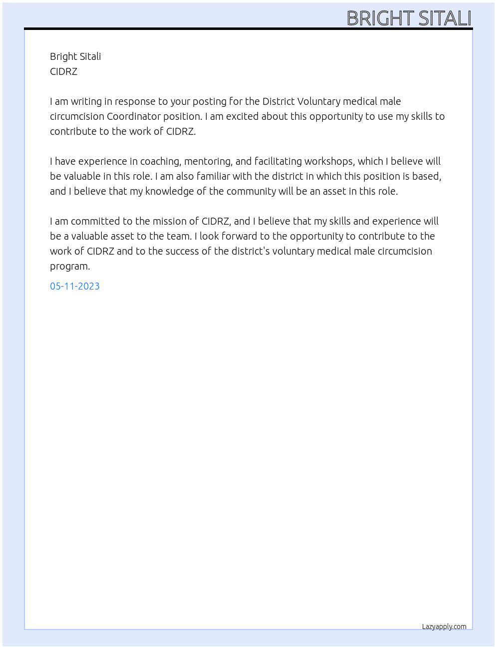 District Voluntary medical male circumcision Coordinator  At CIDRZ Cover Letter