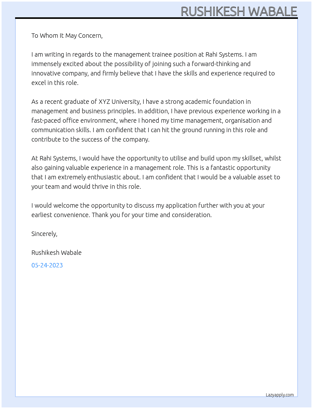 Management trainee At Rahi Systems  Cover Letter
