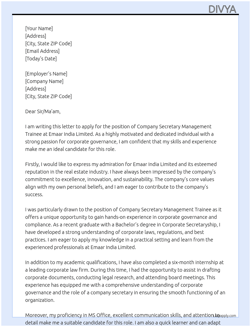 company secretary management trainee At Emaar India Limited Cover Letter