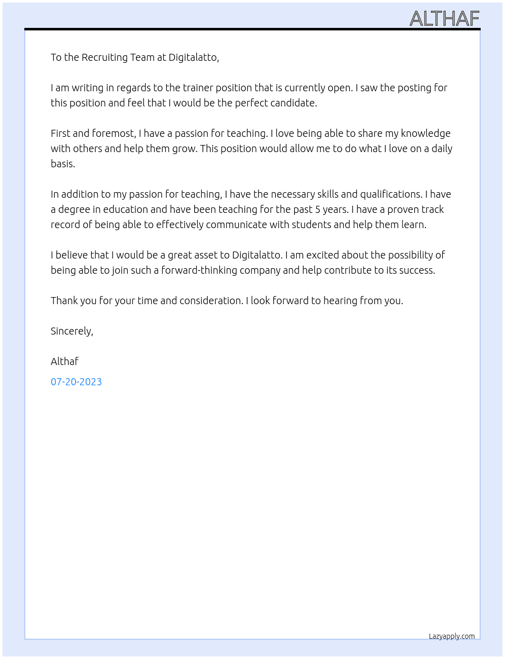 trainer At digitalatto Cover Letter