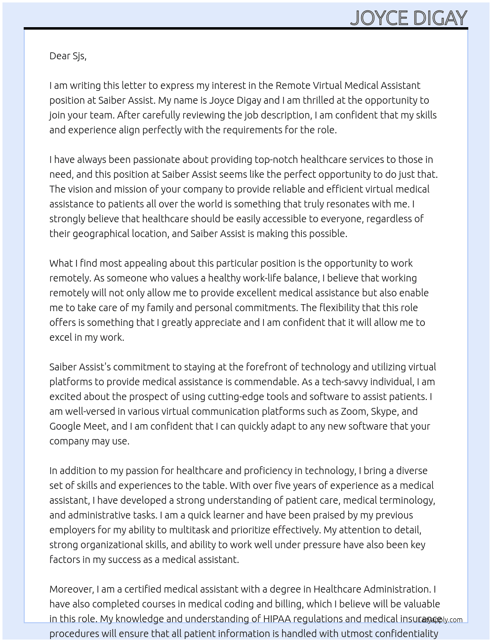 Remote virtual medical assistant  At Saiber Assist Cover Letter